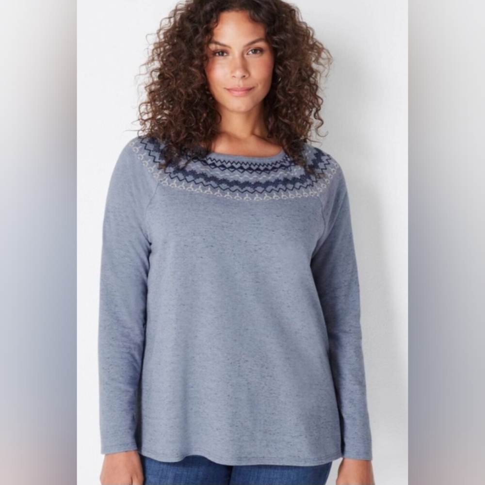 J Jill Womens Boho Pullover Top Medium Petite  Embroidered Long Sleeve Blue